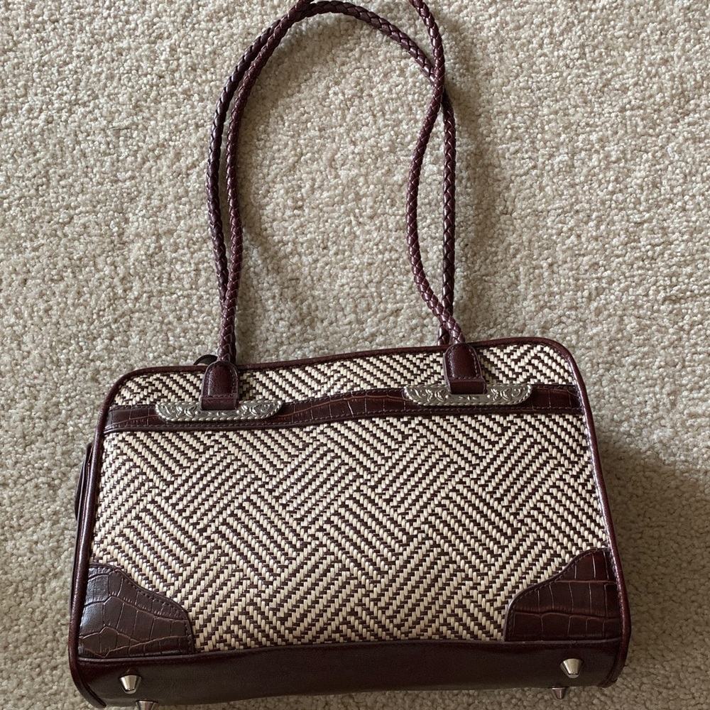 Maggie Barnes Brown & Cream Design Shoulder Handbag with Faux Brown Croc Trim